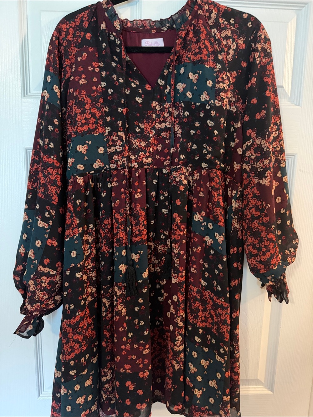 Pink Lily Burgundy & Teal Floral Patchwork Long-Sleeve Babydoll Dress